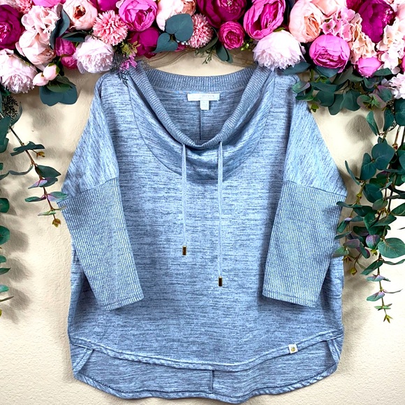 •Life Worx• SLOUCHY |mottled gray| drawstring [cowl neck] w <raglan sleeves> - Picture 1 of 10